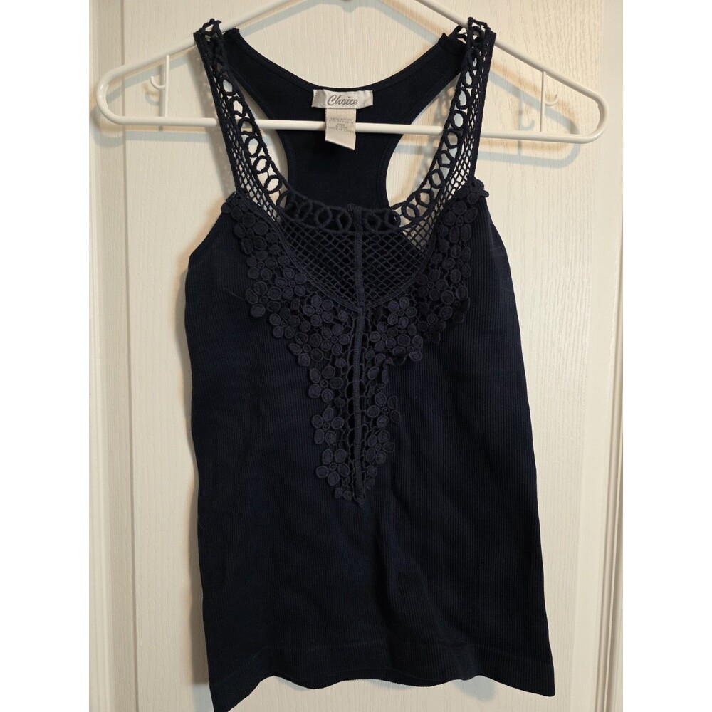 Choice Y2K brand navy blue tank top, crochet lace racerback sz S. (232)